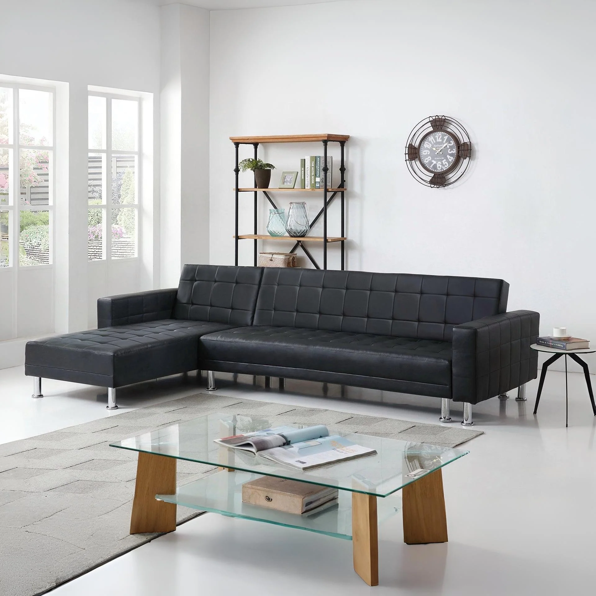 Minnesota 5 Seater Sofa Bed Futon with Chaise - Black